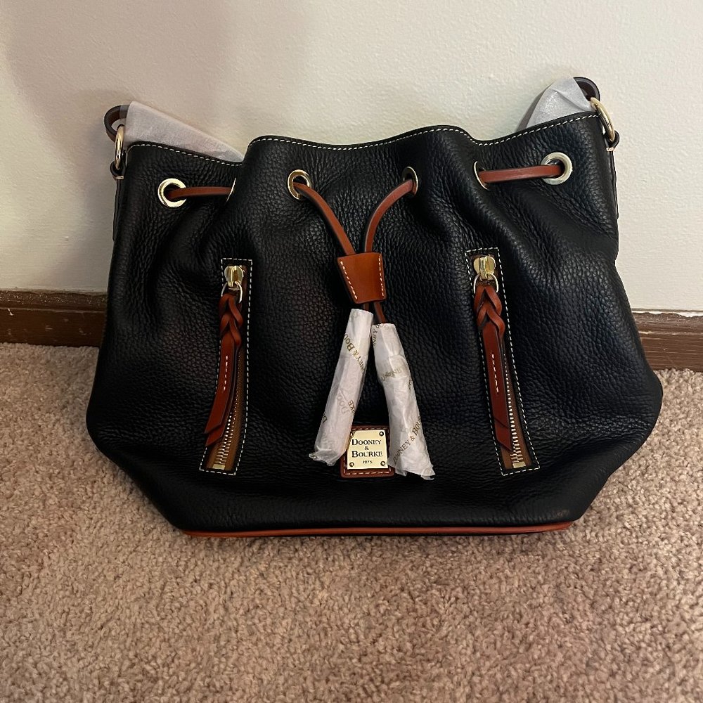 Dooney & Bourke Black and Tan Pebble Grain Satchel Handbag - BRAND NEW IN BAG